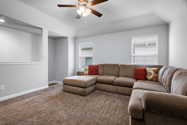 2614 Cowbird Way, Northlake, TX 76247 - carpeted living area featuring a ceiling fan and vaulted ceiling