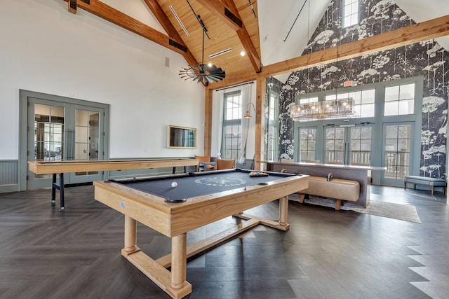 playroom featuring wooden ceiling, beamed ceiling, high vaulted ceiling, billiards, and french doors