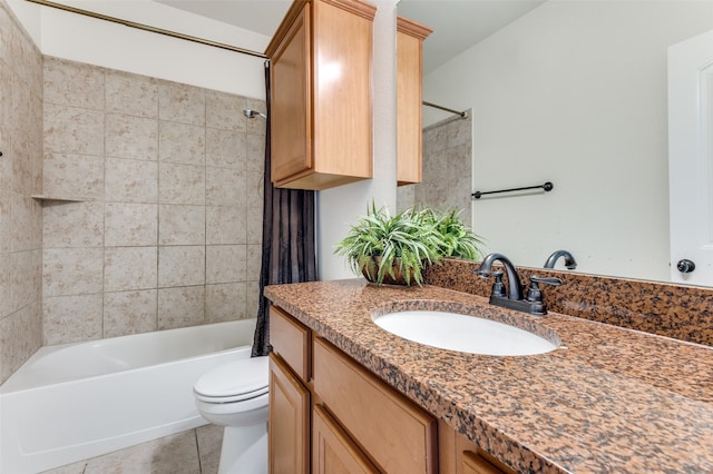 full bathroom featuring toilet, shower / tub combo, vanity, and tile patterned floors