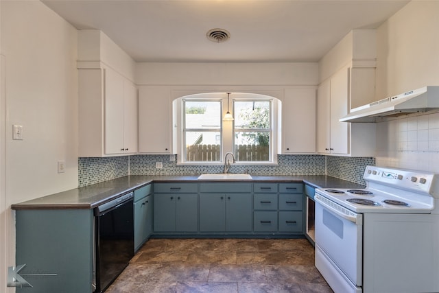 kitchen featuring white electric range oven, white cabinetry, sink, dishwasher, and exhaust hood