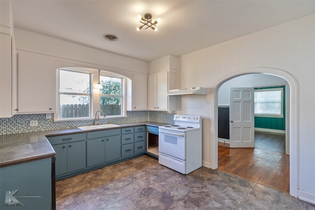 kitchen featuring plenty of natural light, sink, white electric range oven, and range hood