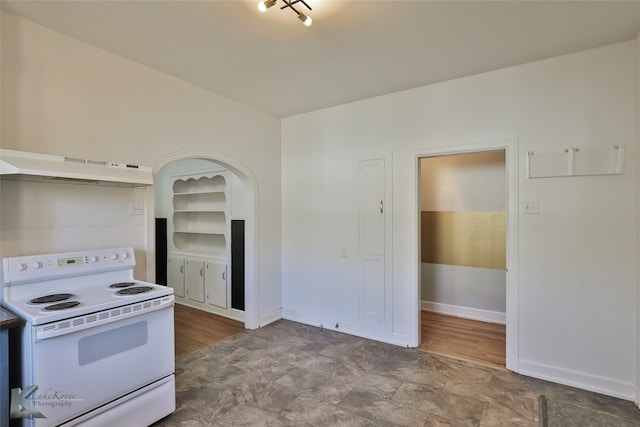 kitchen featuring white electric stove, hardwood / wood-style flooring, and exhaust hood