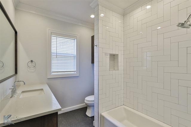 full bathroom with toilet, vanity, tile patterned floors, and crown molding