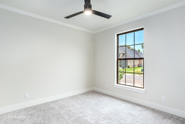 carpeted empty room with ornamental molding, ceiling fan, and a healthy amount of sunlight