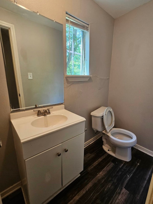 bathroom featuring wood-type flooring, toilet, and vanity