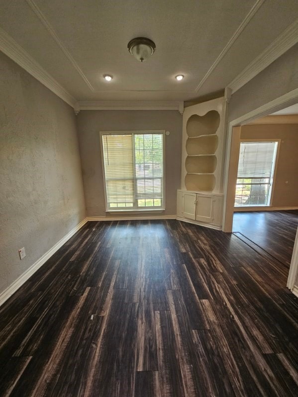 unfurnished living room featuring a wealth of natural light and dark hardwood / wood-style floors