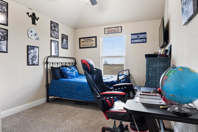 bedroom featuring carpet floors, ceiling fan, and vaulted ceiling