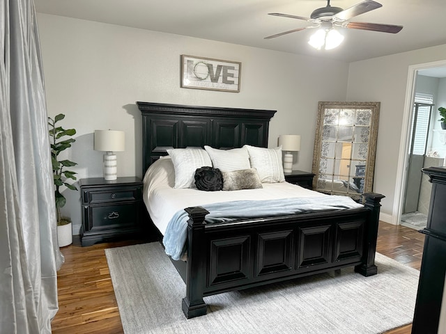 bedroom featuring wood-type flooring and ceiling fan