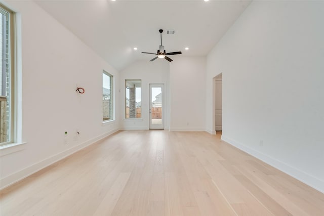 unfurnished living room featuring light wood finished floors, recessed lighting, visible vents, ceiling fan, and baseboards