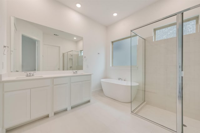 full bathroom featuring a soaking tub, a sink, a shower stall, and double vanity