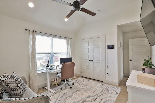 office featuring vaulted ceiling and ceiling fan