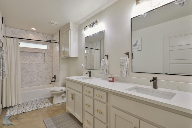 full bathroom featuring vanity, toilet, and shower / bath combo with shower curtain