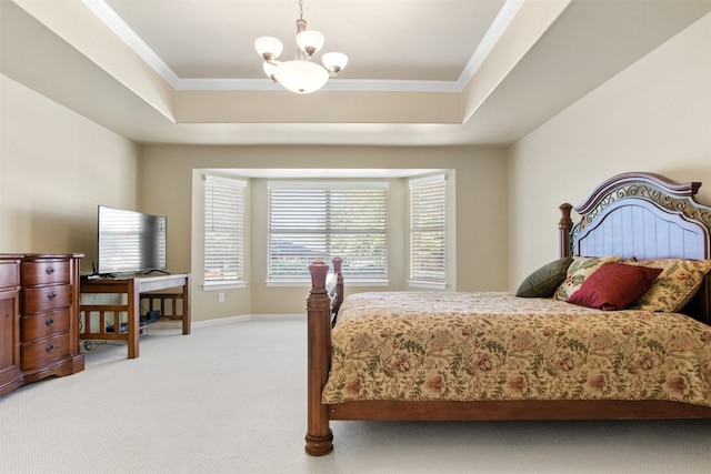 carpeted bedroom featuring a chandelier, crown molding, and a raised ceiling