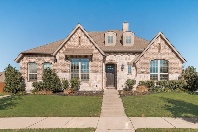 french country style house with a front lawn