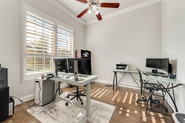 office area featuring hardwood / wood-style floors, ceiling fan, and crown molding