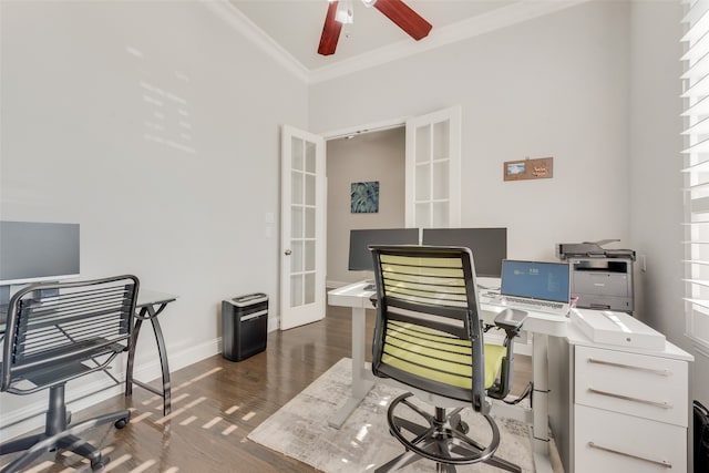 office space featuring ornamental molding, french doors, dark hardwood / wood-style floors, and ceiling fan