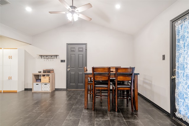 dining room featuring vaulted ceiling and ceiling fan