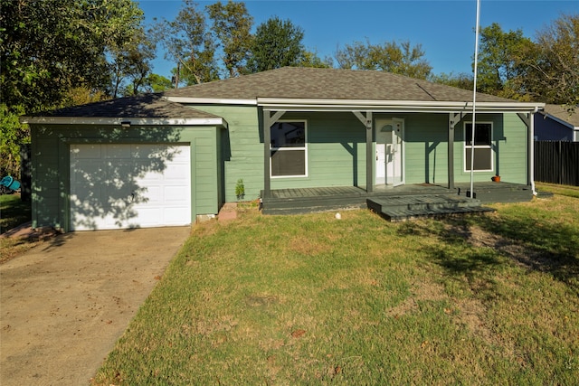 single story home with a garage, a porch, and a front lawn