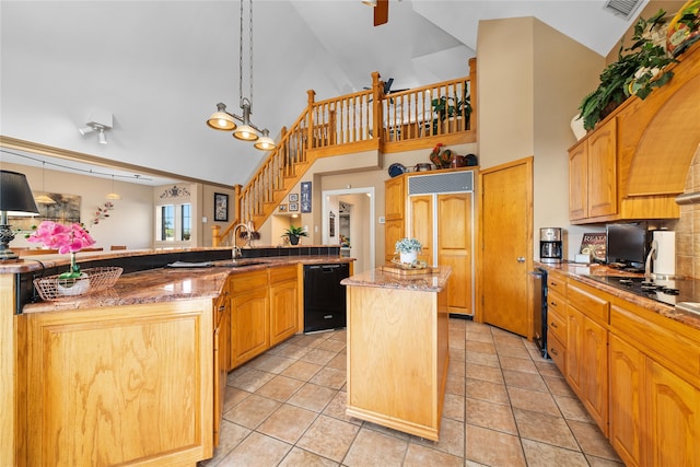 kitchen with black dishwasher, kitchen peninsula, high vaulted ceiling, light tile patterned flooring, and a kitchen island