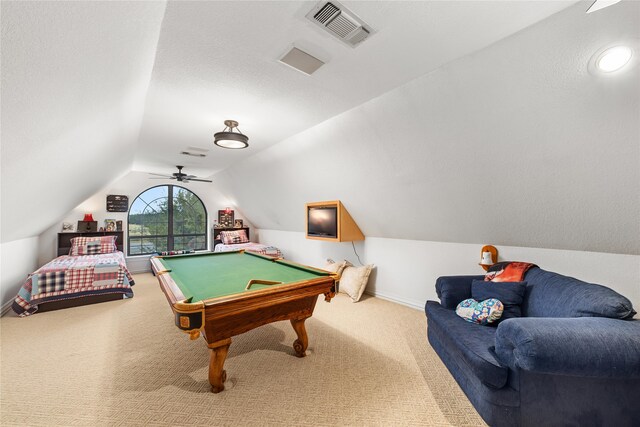 recreation room with ceiling fan, pool table, lofted ceiling, and carpet floors