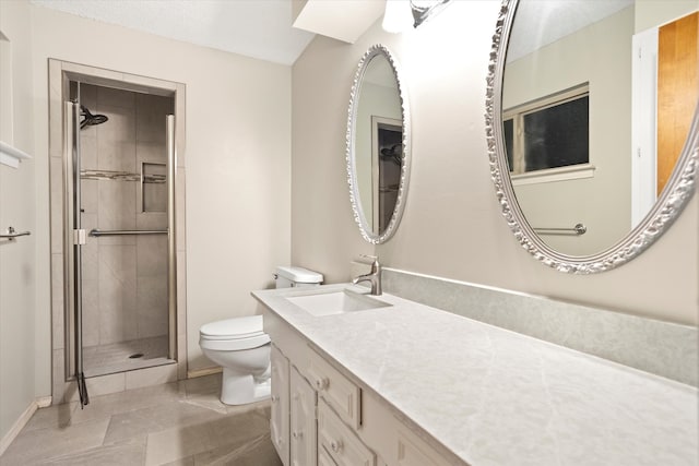 bathroom featuring walk in shower, tile patterned flooring, vanity, and toilet