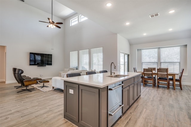 kitchen featuring a wealth of natural light, sink, light hardwood / wood-style floors, and a kitchen island with sink