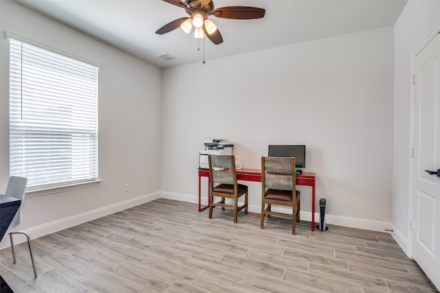 office space featuring ceiling fan, plenty of natural light, and light wood-type flooring