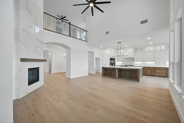 4029 Trellis Dr, Celina, TX 75078 - unfurnished living room with a towering ceiling, ceiling fan, light wood-type flooring, a high end fireplace, and a sink