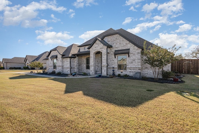 french provincial home with a front lawn