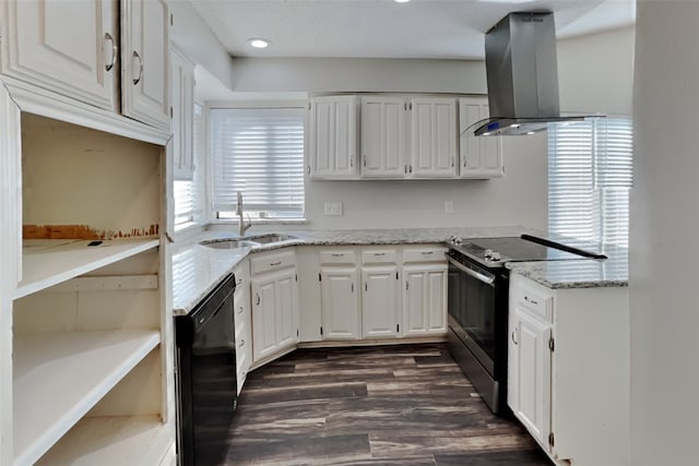 kitchen featuring dishwasher, sink, island exhaust hood, stainless steel electric range, and white cabinets