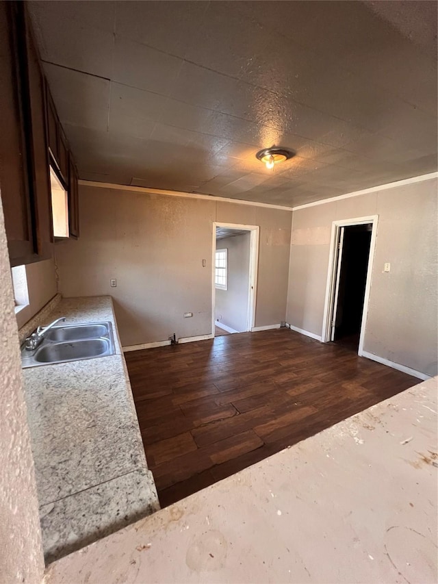 kitchen with dark wood-type flooring, dark brown cabinetry, and sink