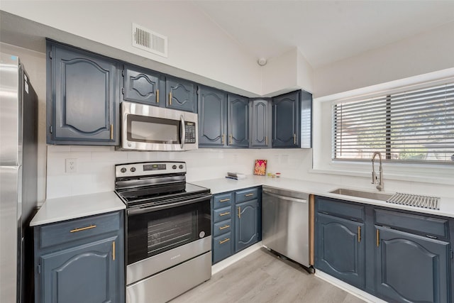 kitchen with blue cabinets, light wood-type flooring, backsplash, and appliances with stainless steel finishes