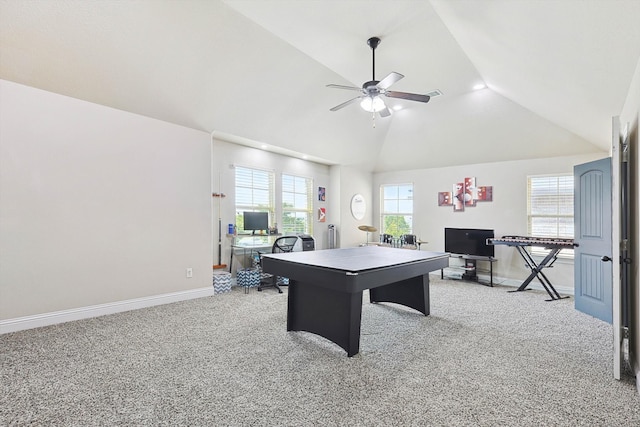 rec room featuring ceiling fan, a wealth of natural light, light colored carpet, and vaulted ceiling