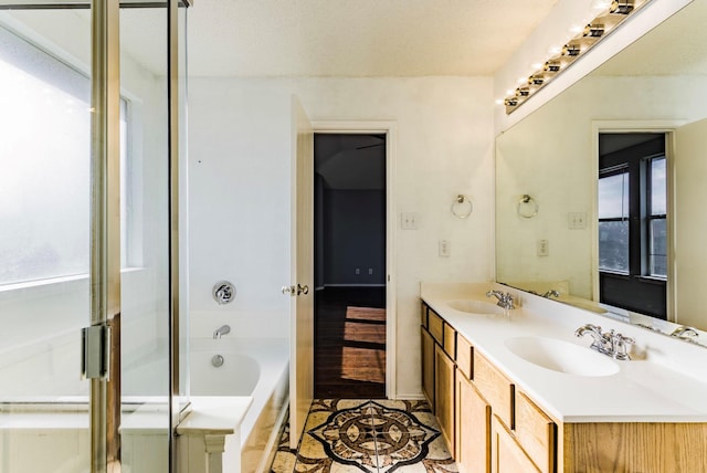 bathroom with independent shower and bath and vanity