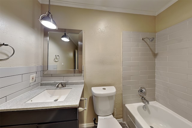 full bathroom featuring ornamental molding, vanity, tiled shower / bath combo, decorative backsplash, and toilet