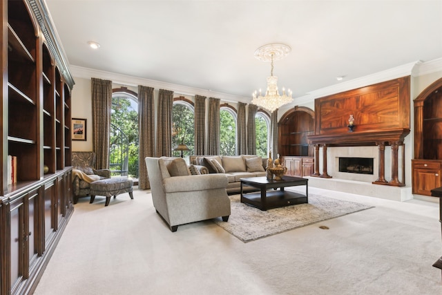 carpeted living room with a chandelier and crown molding