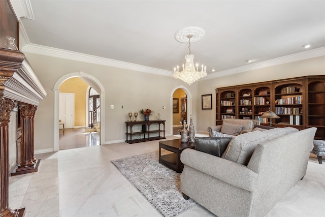 living room featuring crown molding