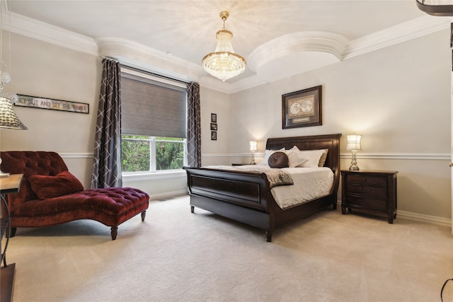 carpeted bedroom featuring crown molding and a notable chandelier