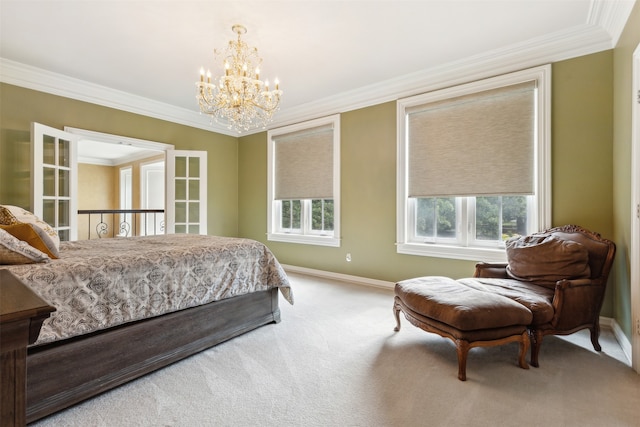 bedroom with a chandelier, multiple windows, carpet flooring, and ornamental molding