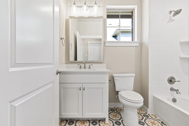 bathroom with toilet, shower / bath combination, vanity, baseboards, and tile patterned floors