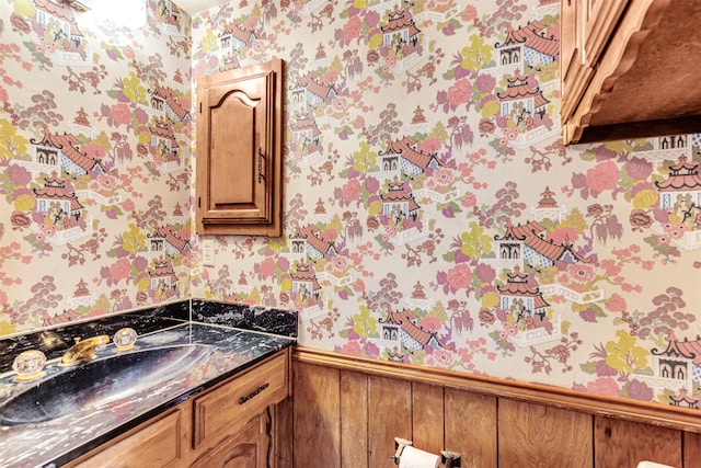 bathroom with vanity and wooden walls