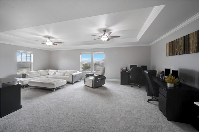 living room featuring a raised ceiling, a wealth of natural light, and light carpet