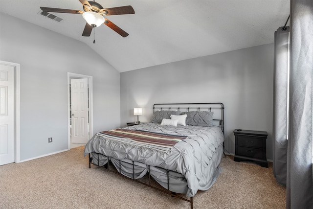 bedroom featuring carpet floors, ceiling fan, and vaulted ceiling