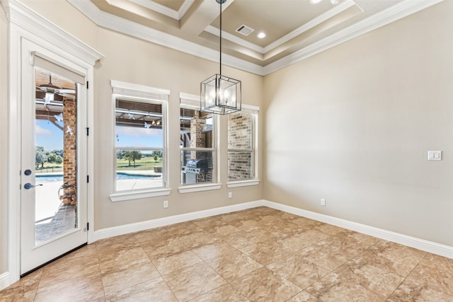 unfurnished dining area with coffered ceiling, an inviting chandelier, and ornamental molding