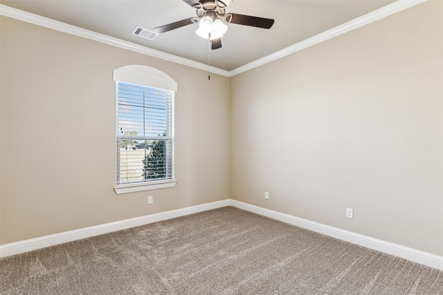 unfurnished room featuring carpet flooring, ceiling fan, and crown molding