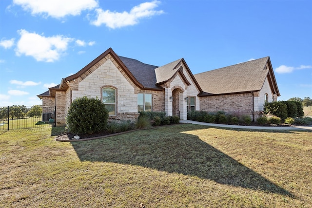 french country inspired facade featuring a front lawn