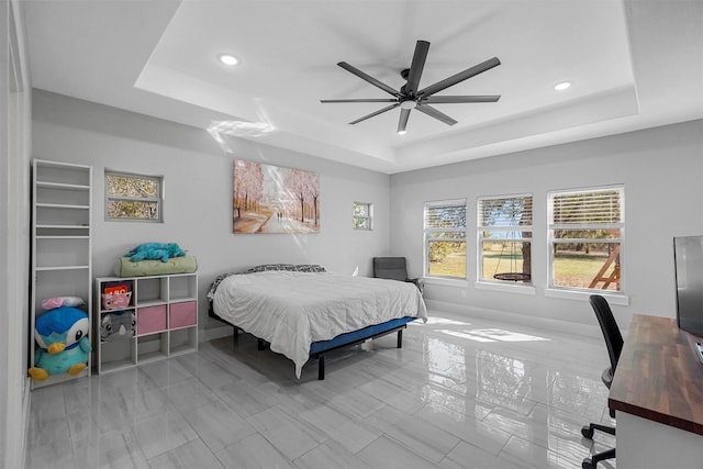 1055 Encino Ct, Wills Point, TX 75169 - bedroom with a raised ceiling, recessed lighting, baseboards, ceiling fan, and a desk