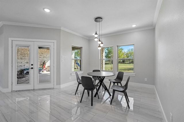 1055 Encino Ct, Wills Point, TX 75169 - dining area with french doors, baseboards, light marble finish floors, ornamental molding, and recessed lighting