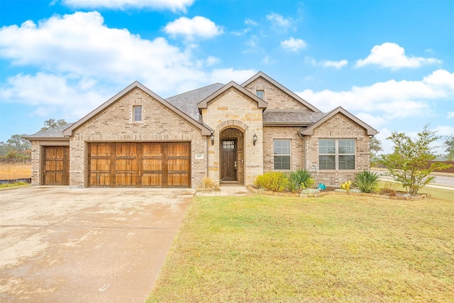 view of front facade with a front yard and a garage