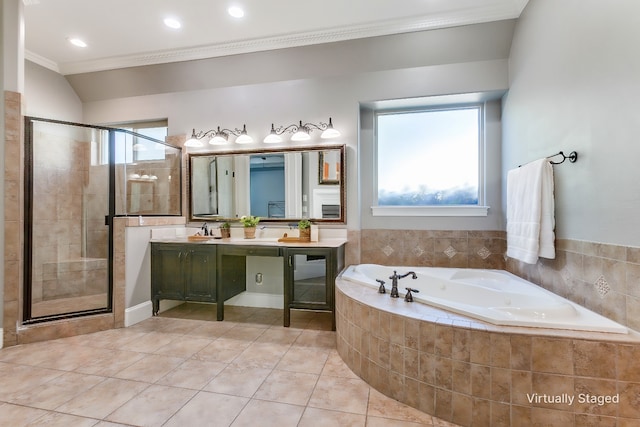 bathroom featuring ornamental molding, vanity, plus walk in shower, and tile patterned flooring